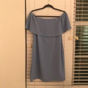 Baby blue strapless dress.